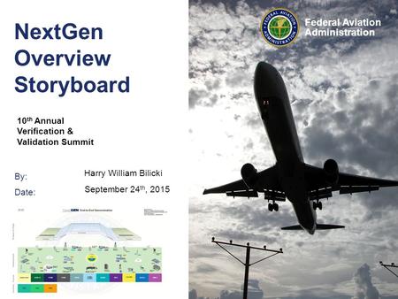 By: Date: Federal Aviation Administration NextGen Overview Storyboard 10 th Annual Verification & Validation Summit Harry William Bilicki September 24.