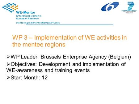 WE-Mentor Enterprising women in European Research mentoring India/Israel/Romania/Turkey WP 3 – Implementation of WE activities in the mentee regions 