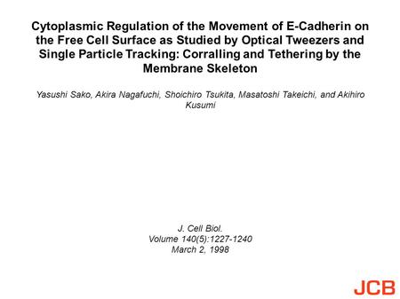 Cytoplasmic Regulation of the Movement of E-Cadherin on the Free Cell Surface as Studied by Optical Tweezers and Single Particle Tracking: Corralling and.