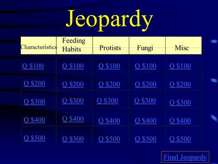 Jeopardy Characteristics Feeding Habits ProtistsFungi Misc Q $100 Q $200 Q $300 Q $400 Q $500 Q $100 Q $200 Q $300 Q $400 Q $500 Final Jeopardy.