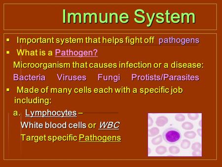  I I I Important system that helps fight off pathogens   What is a Pathogen? Microorganism that causes infection or a disease: Bacteria Viruses Fungi.