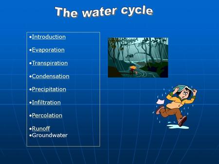 Introduction Evaporation Transpiration Condensation Precipitation Infiltration Percolation Runoff Groundwater.