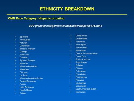 ETHNICITY BREAKDOWN Spaniard Andalusian Asturian Catalonian Belearic Islander Gallego Valencian Canarian Spanish Basque Mexican Mexican American Mexicano.