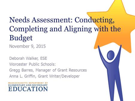 Needs Assessment: Conducting, Completing and Aligning with the Budget November 9, 2015 Deborah Walker, ESE Worcester Public Schools: Gregg Barres, Manager.