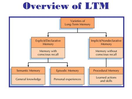 Overview of LTM. Varieties of LTM Two types of LTM –Semantic memory refers to factual information –Episodic memory refers to autobiographical information.