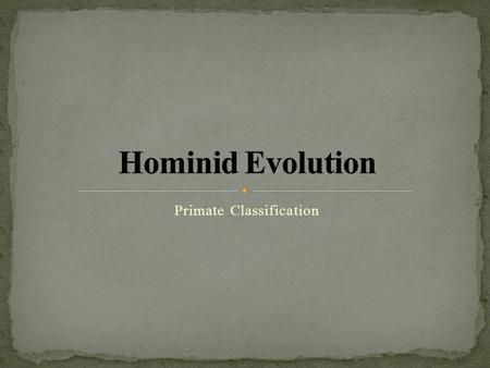 Primate Classification. ~25 million years ago: Old World Monkeys split from Hominoids, a linage that resulted in humans, gorillas and chimps ~17 million.