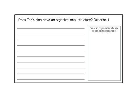 Does Tao’s clan have an organizational structure? Describe it. Draw an organizational chart of the clan’s leadership.