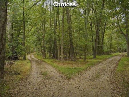 Choices. Matthew 7:13  Enter by the narrow gate; for wide is the gate and broad is the way that leads to destruction, and there are many who go in by.