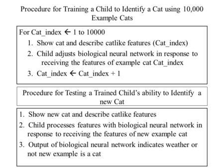 Procedure for Training a Child to Identify a Cat using 10,000 Example Cats For Cat_index  1 to 10000 1. Show cat and describe catlike features (Cat_index)