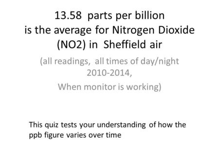 13.58 parts per billion is the average for Nitrogen Dioxide (NO2) in Sheffield air (all readings, all times of day/night 2010-2014, When monitor is working)