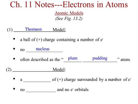 Ch. 11 Notes---Electrons in Atoms Atomic Models (See Fig. 13.2)‏ (1) Model: a ball of (+) charge containing a number of e - no ________________ often described.