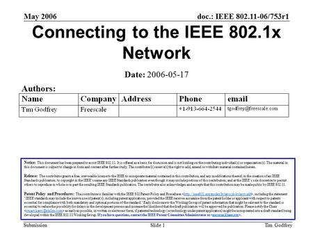 Doc.: IEEE 802.11-06/753r1 Submission May 2006 Tim GodfreySlide 1 Connecting to the IEEE 802.1x Network Notice: This document has been prepared to assist.