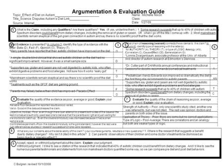 Argumentation & Evaluation Guide C Bulgren revised 10/1//2008 Name: Michelle Nixon Class: __________________________ Date: 1/27/09_______________________________.