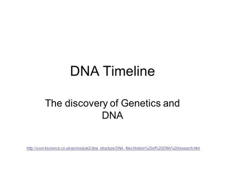 DNA Timeline The discovery of Genetics and DNA