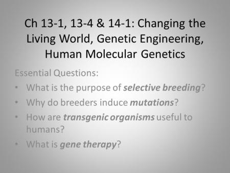 Ch 13-1, 13-4 & 14-1: Changing the Living World, Genetic Engineering, Human Molecular Genetics Essential Questions: What is the purpose of selective breeding?