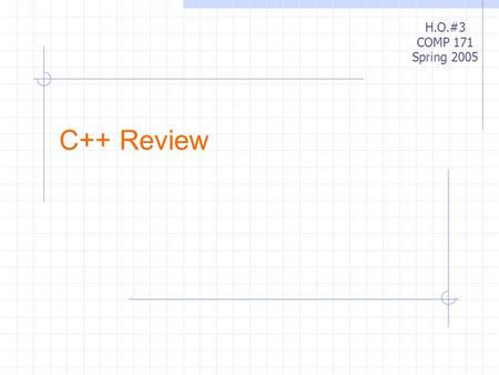 C++ Review H.O.#3 COMP 171 Spring 2005. C++ review2 Outline ◈ C++ basic features Programming paradigm and statement syntax ◈ Class definitions Data members,