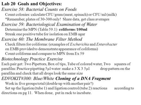 Lab 20 Goals and Objectives: Exercise 58: Bacterial Counts on Foods