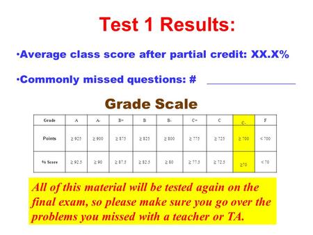 Grade Scale Test 1 Results: Average class score after partial credit: XX.X% Commonly missed questions: # _________________ All of this material will be.