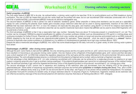 Worksheet IX.14 Cloning vehicles - cloning vectors page: