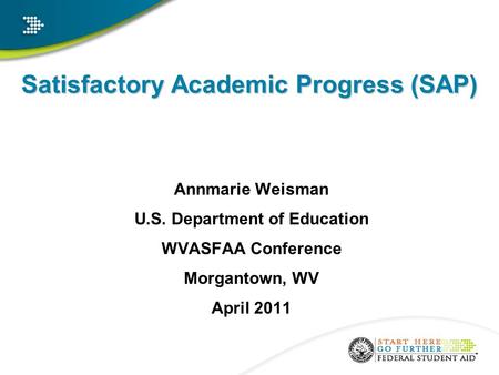 Satisfactory Academic Progress (SAP) Annmarie Weisman U.S. Department of Education WVASFAA Conference Morgantown, WV April 2011.