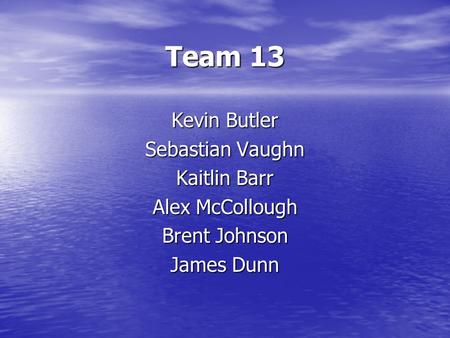 Team 13 Kevin Butler Sebastian Vaughn Kaitlin Barr Alex McCollough Brent Johnson James Dunn.