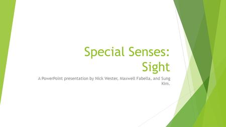 Special Senses: Sight A PowerPoint presentation by Nick Wester, Maxwell Fabella, and Sung Kim.