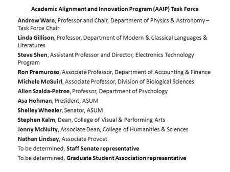 Academic Alignment and Innovation Program (AAIP) Task Force Andrew Ware, Professor and Chair, Department of Physics & Astronomy – Task Force Chair Linda.