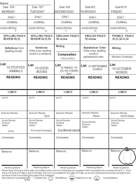 Parent Note: At the end of the week, this sheet comes home with unfinished work squared in INK. Completed with is marked with and “X”. Work that is not.