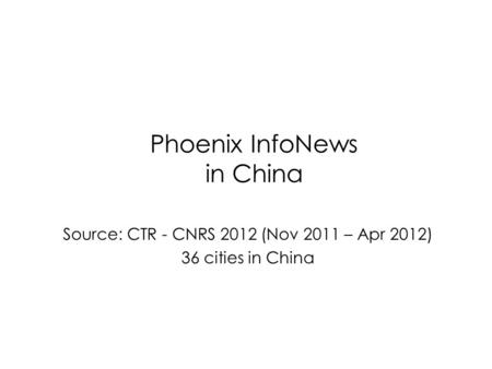 Phoenix InfoNews in China Source: CTR - CNRS 2012 (Nov 2011 – Apr 2012) 36 cities in China.