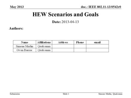 Doc.: IEEE 802.11-13/0542r0 SubmissionSimone Merlin, QualcommSlide 1 HEW Scenarios and Goals Date: 2013-04-13 Authors: May 2013.