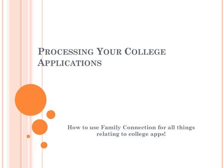 P ROCESSING Y OUR C OLLEGE A PPLICATIONS How to use Family Connection for all things relating to college apps!