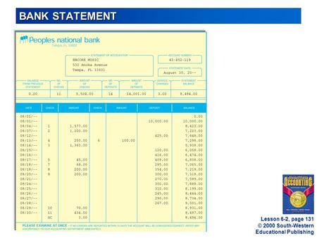 © 2000 South-Western Educational Publishing BANK STATEMENT Lesson 6-2, page 131.