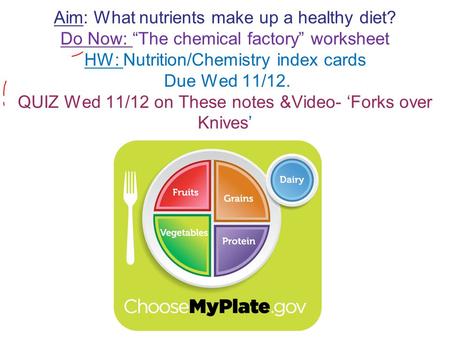 Aim: What nutrients make up a healthy diet? Do Now: “The chemical factory” worksheet HW: Nutrition/Chemistry index cards Due Wed 11/12. QUIZ Wed 11/12.