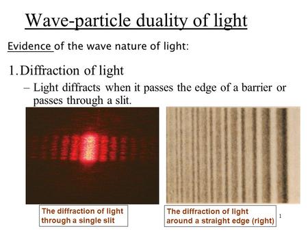 1 1.Diffraction of light –Light diffracts when it passes the edge of a barrier or passes through a slit. The diffraction of light through a single slit.