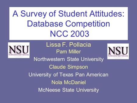 A Survey of Student Attitudes: Database Competition NCC 2003 Lissa F. Pollacia Pam Miller Northwestern State University Claude Simpson University of Texas.