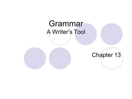 Grammar A Writer’s Tool Chapter 13. Components of Grammar Instruction Parts of speech Parts of sentences Types of sentences Capitalization & punctuation.