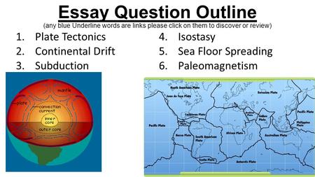 Essay Question Outline (any blue Underline words are links please click on them to discover or review) Plate Tectonics Isostasy Continental Drift Sea.