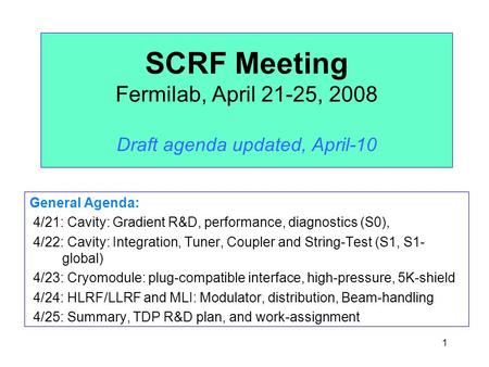 SCRF Meeting Fermilab, April 21-25, 2008 Draft agenda updated, April-10 General Agenda: 4/21: Cavity: Gradient R&D, performance, diagnostics (S0), 4/22: