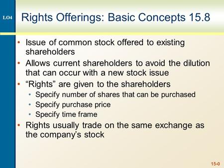 15-0 Rights Offerings: Basic Concepts 15.8 Issue of common stock offered to existing shareholders Allows current shareholders to avoid the dilution that.