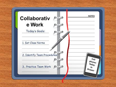 Collaborativ e Work Today’s Goals: 1. Set Class Norms 2. Identify Team Procedures 3. Practice Team Work Cell phones Today: In Drawer.