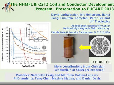 David Larbalestier, NHMFL presentation EUCARD 2013, CERN June 14, 2013 Slide 1 The NHMFL Bi-2212 Coil and Conductor Development Program - Presentation.