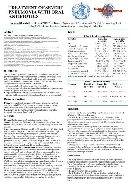 TREATMENT OF SEVERE PNEUMONIA WITH ORAL ANTIBIOTICS Lozano JM, on behalf of the APPIS Trial Group. Department of Pediatrics and Clinical Epidemiology Unit,