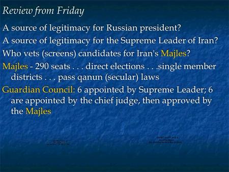 Review from Friday A source of legitimacy for Russian president? A source of legitimacy for the Supreme Leader of Iran? Who vets (screens) candidates for.