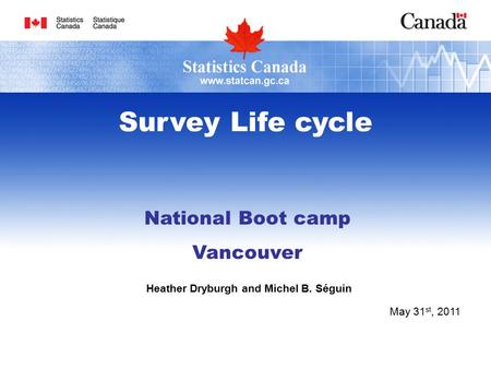 National Boot camp Vancouver Heather Dryburgh and Michel B. Séguin May 31 st, 2011 Survey Life cycle.