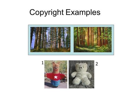 Copyright Examples 1 2. Protection Terms Duration: life + 70 years No registration required Protection against a perfect copy For more information contact.