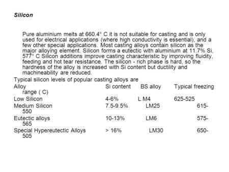 Silicon Pure aluminium melts at 660.4° C it is not suitable for casting and is only used for electrical applications (where high conductivity is essential),