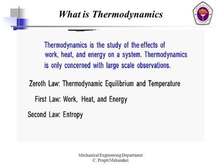 Mechanical Engineering Department C. Prapti Mahandari What is Thermodynamics.