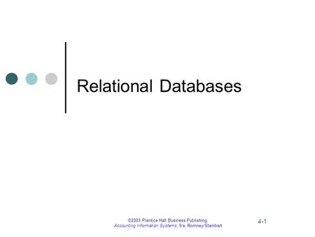 ©2003 Prentice Hall Business Publishing, Accounting Information Systems, 9/e, Romney/Steinbart 4-1 Relational Databases.