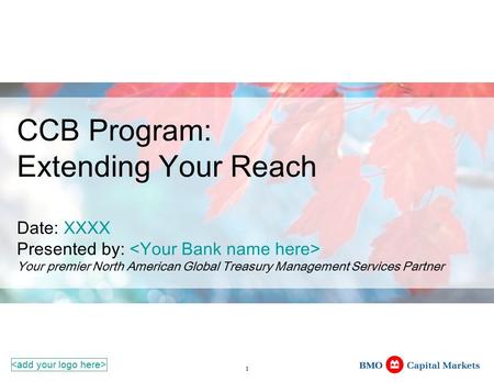 1 CCB Program: Extending Your Reach Date: XXXX Presented by: Your premier North American Global Treasury Management Services Partner.