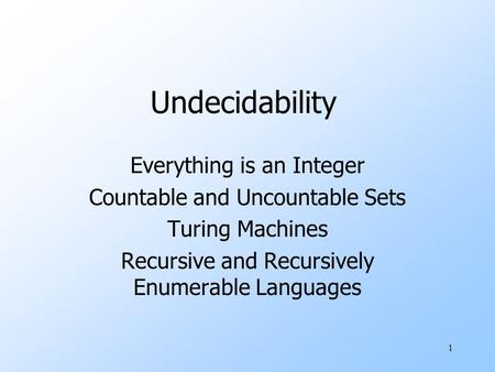 1 Undecidability Everything is an Integer Countable and Uncountable Sets Turing Machines Recursive and Recursively Enumerable Languages.